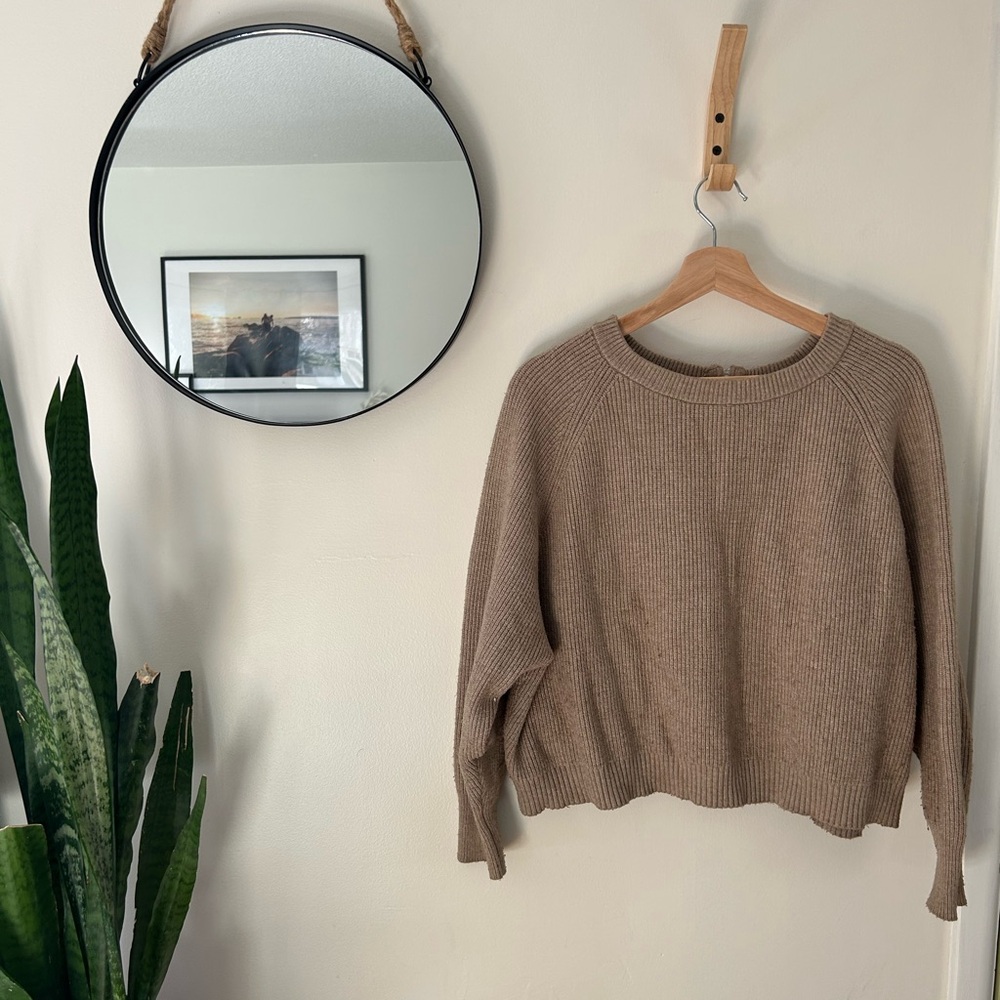 Zara - Crewneck Sweater w/ Back Zipper Detail in Taupe